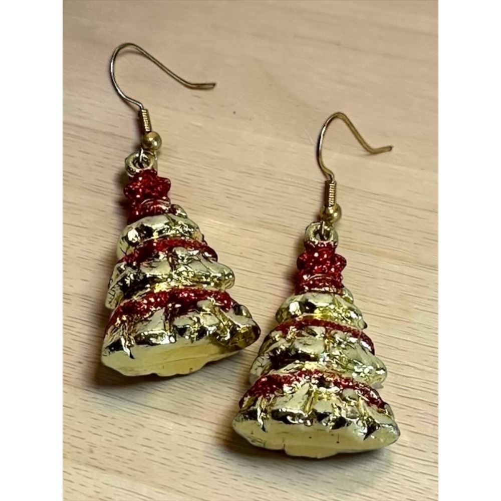 Christmas Tree Earrings 2.25" Gold Tone Red Festive Dangle